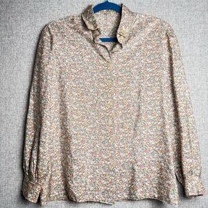 Vintage‎ 70s/80s Ivory Pink Green Floral Handmade Button Down Shirt S/MEDIUM